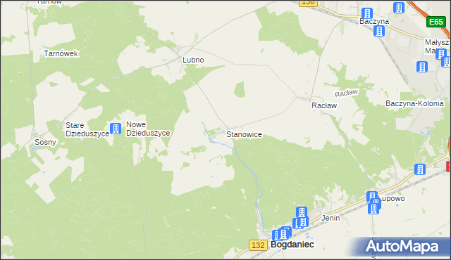 mapa Stanowice gmina Bogdaniec, Stanowice gmina Bogdaniec na mapie Targeo