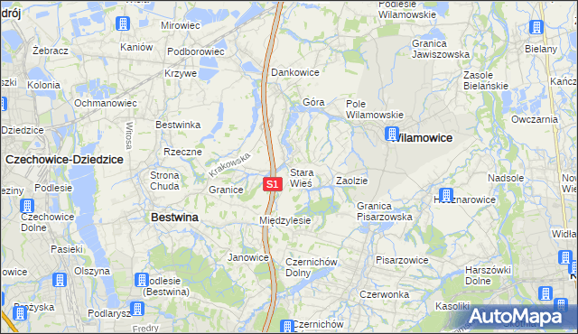 mapa Stara Wieś gmina Wilamowice, Stara Wieś gmina Wilamowice na mapie Targeo