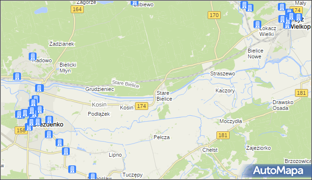 mapa Stare Bielice gmina Drezdenko, Stare Bielice gmina Drezdenko na mapie Targeo