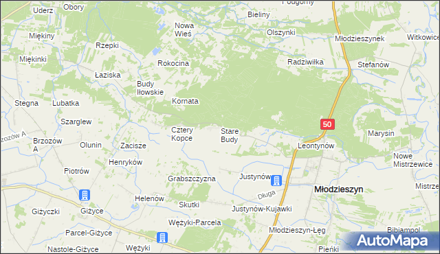 mapa Stare Budy gmina Młodzieszyn, Stare Budy gmina Młodzieszyn na mapie Targeo