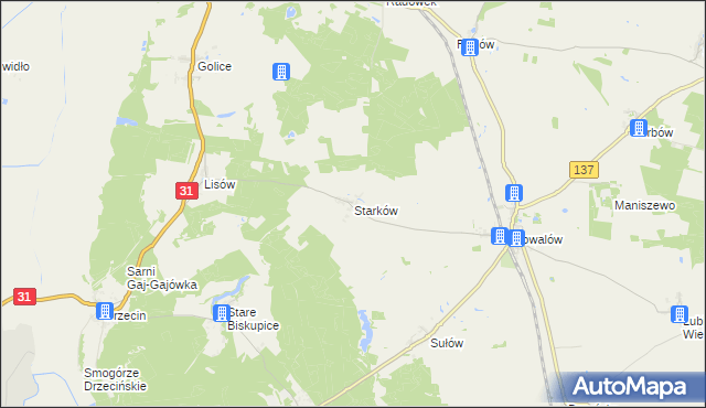 mapa Starków gmina Rzepin, Starków gmina Rzepin na mapie Targeo