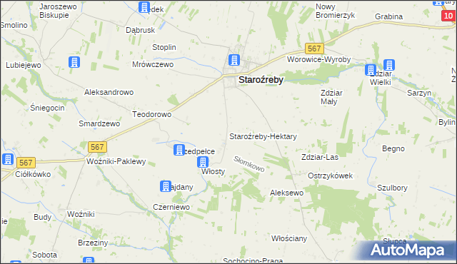 mapa Staroźreby-Hektary, Staroźreby-Hektary na mapie Targeo