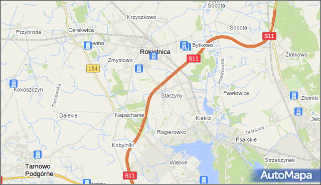 mapa Starzyny gmina Rokietnica, Starzyny gmina Rokietnica na mapie Targeo