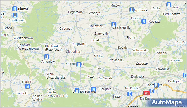 mapa Stróża gmina Dobra, Stróża gmina Dobra na mapie Targeo