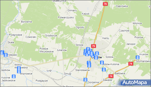 mapa Stróża gmina Ożarów, Stróża gmina Ożarów na mapie Targeo