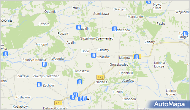 mapa Strzałków gmina Lisków, Strzałków gmina Lisków na mapie Targeo