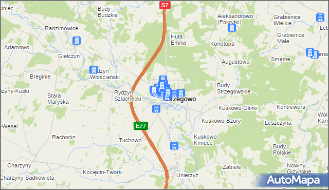 mapa Strzegowo powiat mławski, Strzegowo powiat mławski na mapie Targeo