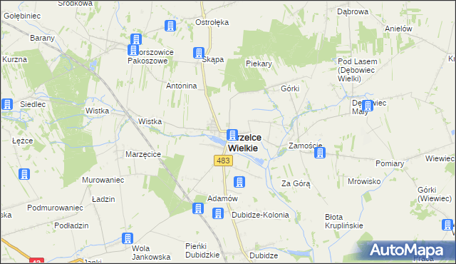 mapa Strzelce Wielkie powiat pajęczański, Strzelce Wielkie powiat pajęczański na mapie Targeo