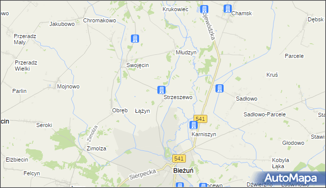 mapa Strzeszewo gmina Bieżuń, Strzeszewo gmina Bieżuń na mapie Targeo