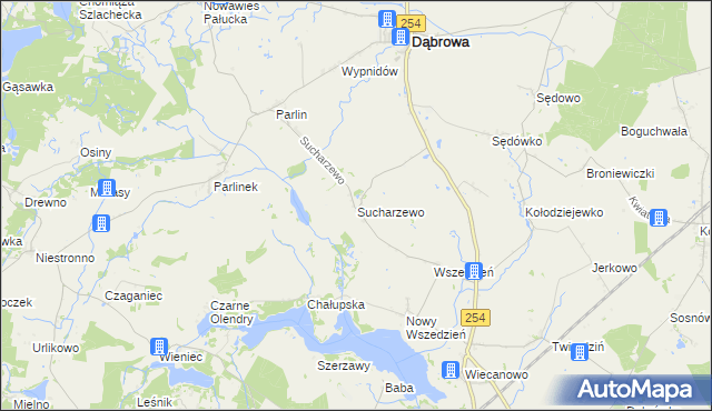 mapa Sucharzewo gmina Dąbrowa, Sucharzewo gmina Dąbrowa na mapie Targeo