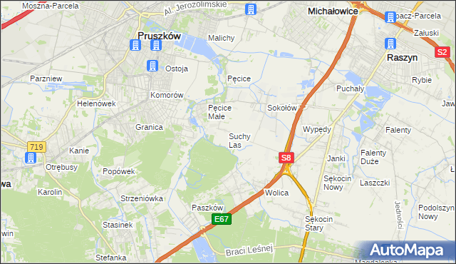 mapa Suchy Las gmina Michałowice, Suchy Las gmina Michałowice na mapie Targeo