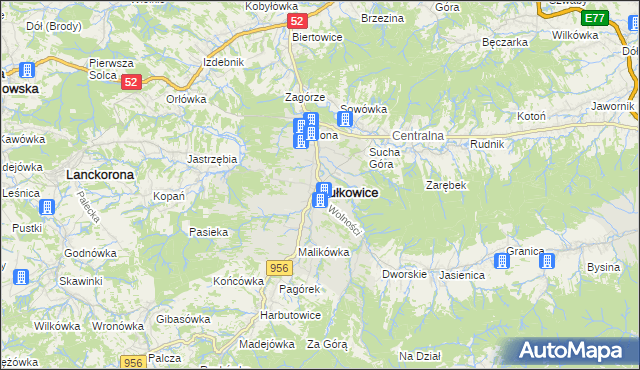 mapa Sułkowice powiat myślenicki, Sułkowice powiat myślenicki na mapie Targeo