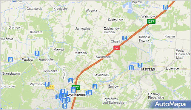 mapa Świerczek gmina Szydłowiec, Świerczek gmina Szydłowiec na mapie Targeo