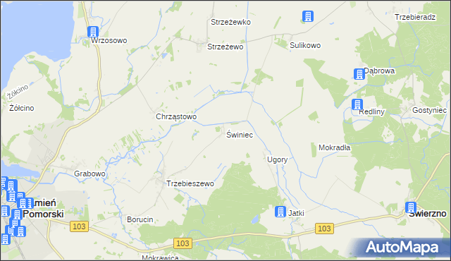 mapa Świniec gmina Kamień Pomorski, Świniec gmina Kamień Pomorski na mapie Targeo