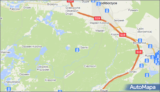 mapa Świnki gmina Modliborzyce, Świnki gmina Modliborzyce na mapie Targeo