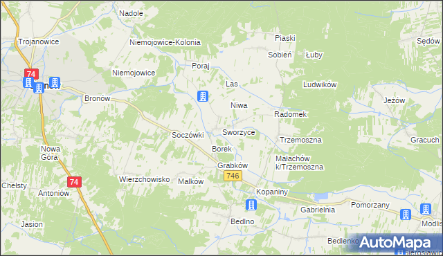 mapa Sworzyce gmina Końskie, Sworzyce gmina Końskie na mapie Targeo