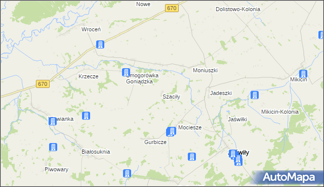 mapa Szaciły gmina Jaświły, Szaciły gmina Jaświły na mapie Targeo