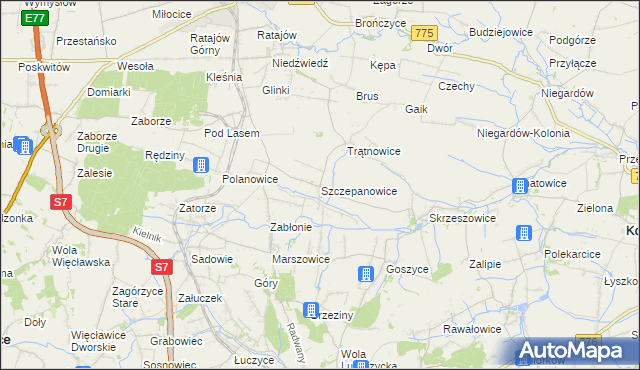 mapa Szczepanowice gmina Słomniki, Szczepanowice gmina Słomniki na mapie Targeo
