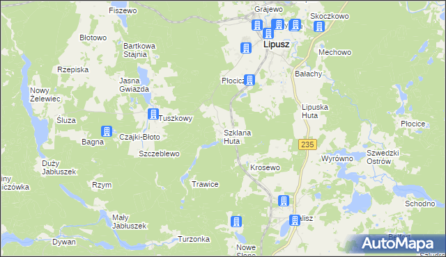 mapa Szklana Huta gmina Lipusz, Szklana Huta gmina Lipusz na mapie Targeo