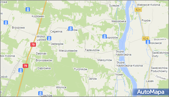 mapa Tadeuszów gmina Tarłów, Tadeuszów gmina Tarłów na mapie Targeo