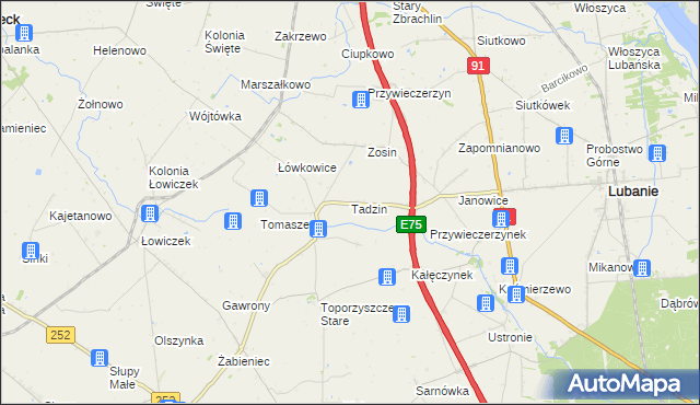 mapa Tadzin gmina Lubanie, Tadzin gmina Lubanie na mapie Targeo