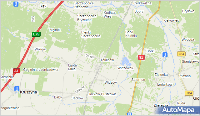 mapa Teklinów gmina Kruszyna, Teklinów gmina Kruszyna na mapie Targeo
