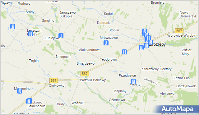 mapa Teodorowo gmina Staroźreby, Teodorowo gmina Staroźreby na mapie Targeo