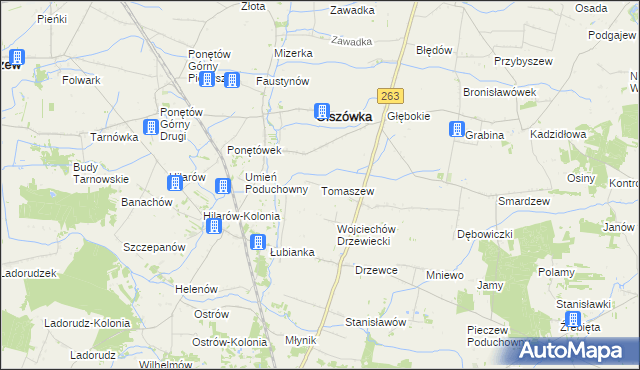 mapa Tomaszew gmina Olszówka, Tomaszew gmina Olszówka na mapie Targeo