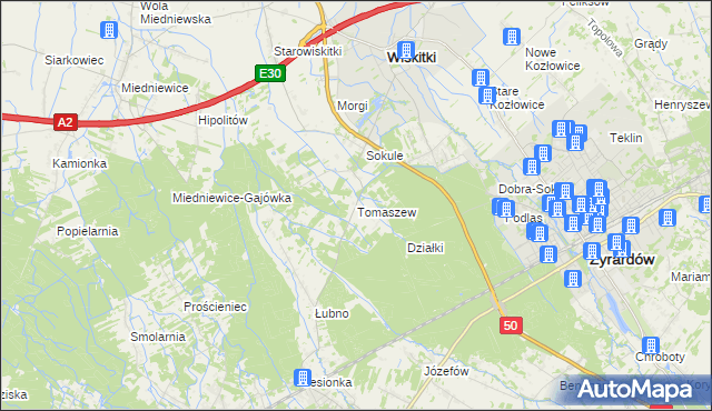 mapa Tomaszew gmina Wiskitki, Tomaszew gmina Wiskitki na mapie Targeo