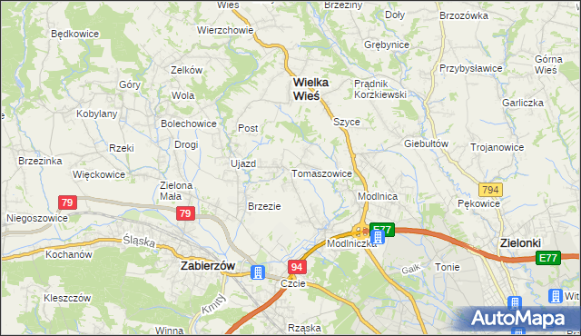 mapa Tomaszowice gmina Wielka Wieś, Tomaszowice gmina Wielka Wieś na mapie Targeo