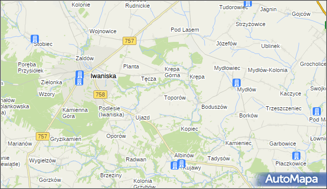 mapa Toporów gmina Iwaniska, Toporów gmina Iwaniska na mapie Targeo