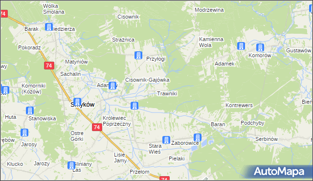 mapa Trawniki gmina Smyków, Trawniki gmina Smyków na mapie Targeo