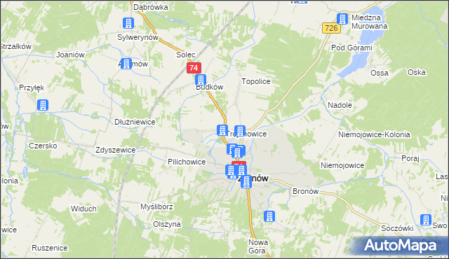 mapa Trojanowice gmina Żarnów, Trojanowice gmina Żarnów na mapie Targeo