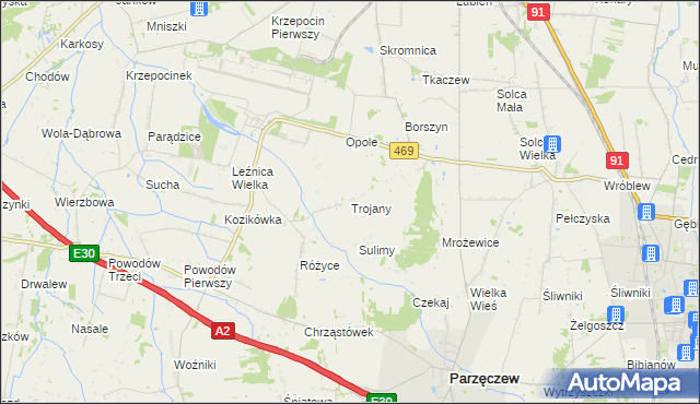 mapa Trojany gmina Parzęczew, Trojany gmina Parzęczew na mapie Targeo