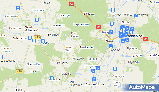 mapa Truskawiec gmina Poddębice, Truskawiec gmina Poddębice na mapie Targeo