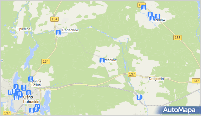 mapa Trześniów gmina Ośno Lubuskie, Trześniów gmina Ośno Lubuskie na mapie Targeo