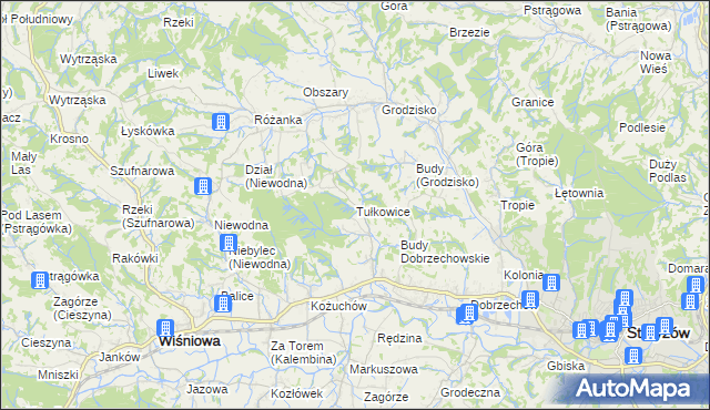 mapa Tułkowice gmina Wiśniowa, Tułkowice gmina Wiśniowa na mapie Targeo