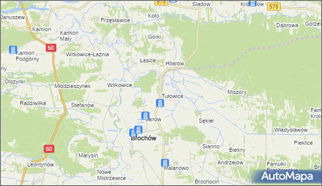 mapa Tułowice gmina Brochów, Tułowice gmina Brochów na mapie Targeo