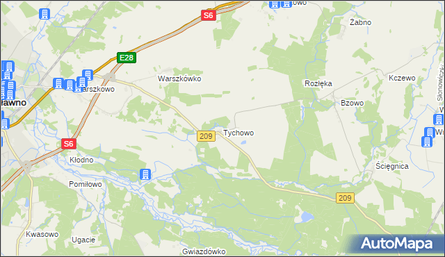 mapa Tychowo gmina Sławno, Tychowo gmina Sławno na mapie Targeo