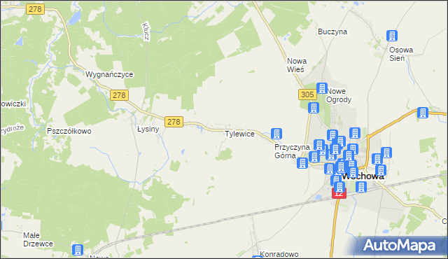 mapa Tylewice, Tylewice na mapie Targeo