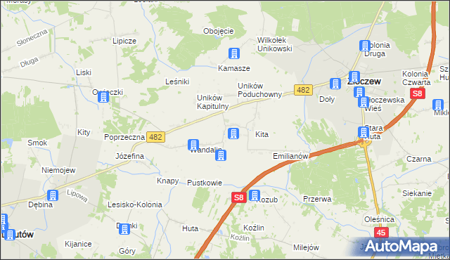 mapa Uników gmina Złoczew, Uników gmina Złoczew na mapie Targeo