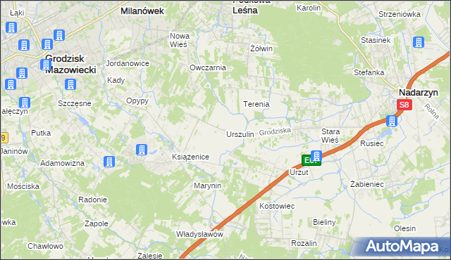 mapa Urszulin gmina Grodzisk Mazowiecki, Urszulin gmina Grodzisk Mazowiecki na mapie Targeo