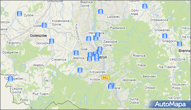 mapa Ustroń powiat cieszyński, Ustroń powiat cieszyński na mapie Targeo