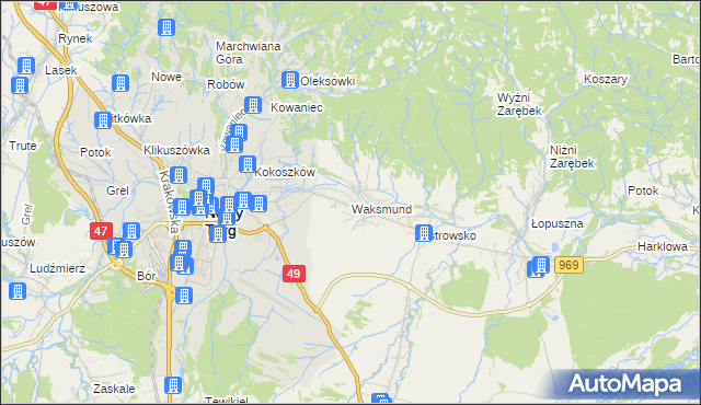 mapa Waksmund, Waksmund na mapie Targeo