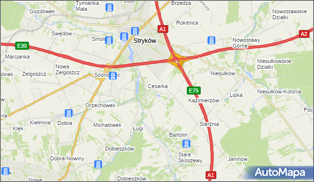 mapa Warszewice gmina Stryków, Warszewice gmina Stryków na mapie Targeo