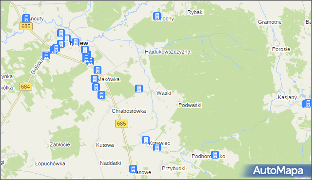 mapa Waśki gmina Narew, Waśki gmina Narew na mapie Targeo