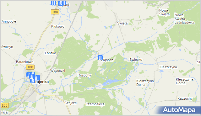 mapa Wąsosz gmina Złotów, Wąsosz gmina Złotów na mapie Targeo