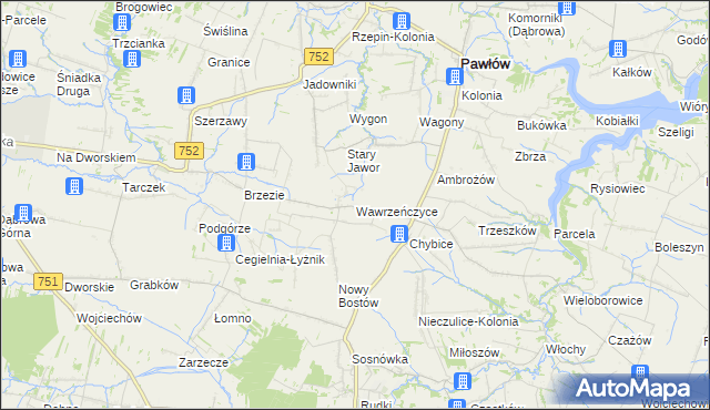 mapa Wawrzeńczyce gmina Pawłów, Wawrzeńczyce gmina Pawłów na mapie Targeo