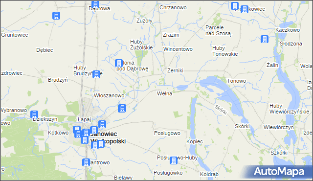 mapa Wełna gmina Janowiec Wielkopolski, Wełna gmina Janowiec Wielkopolski na mapie Targeo