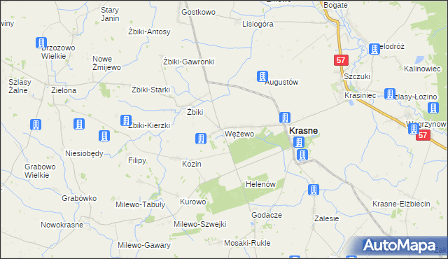 mapa Wężewo gmina Krasne, Wężewo gmina Krasne na mapie Targeo